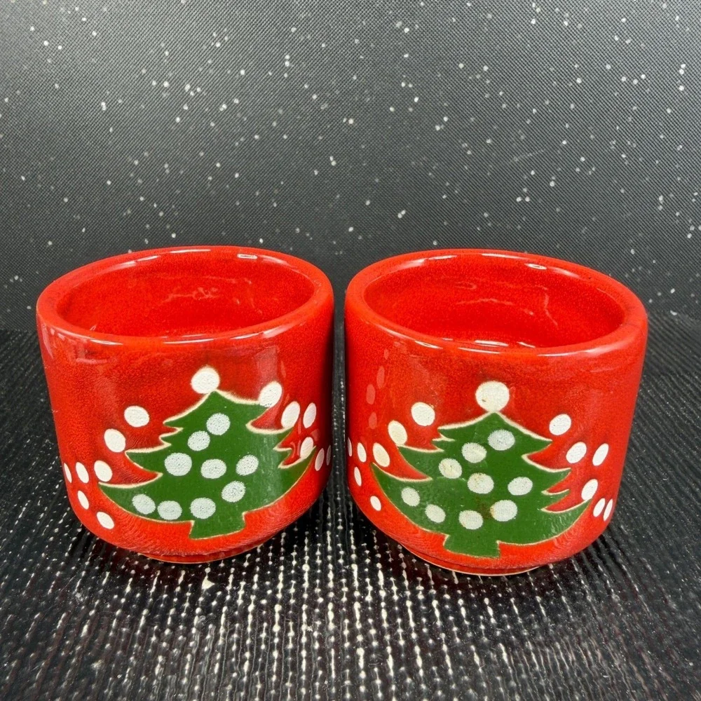 Waechtersbach Christmas Tree Red Ceramic Cups Candle Holder Votive Set of 2 VTG